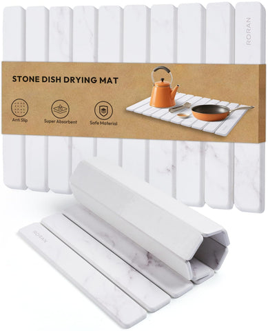 Roran Stone Drying Mat on the kitchen counter, 24x16, absorbs moisture quickly to keep surfaces dry.