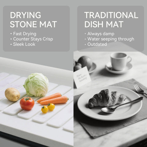 Roran Marble-inspired drying mat on counter adds modern style.