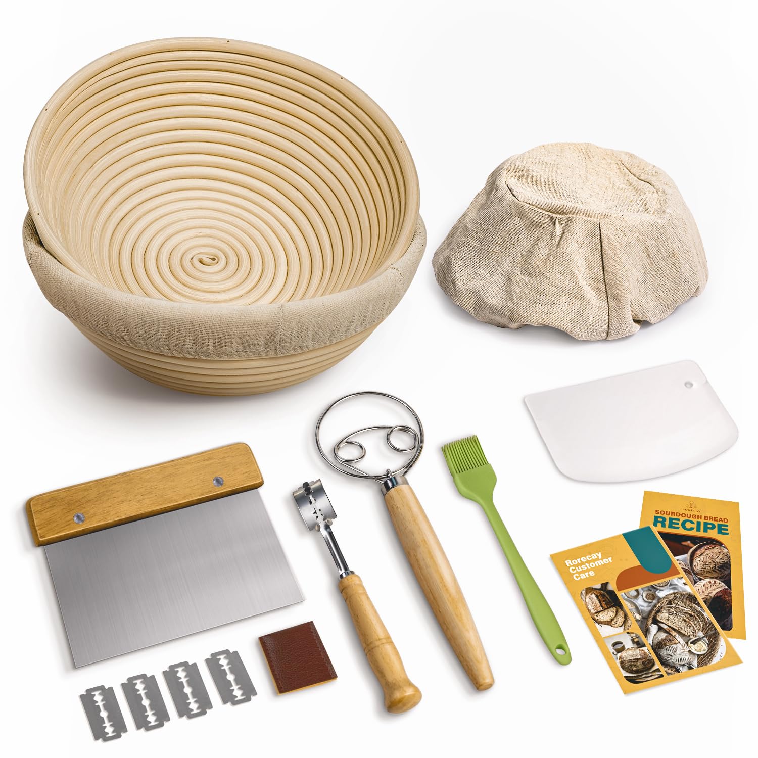 Rorecay banneton bread proofing baskets 2-pack with linen liners for even fermentation.