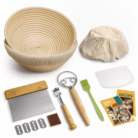 Rorecay banneton bread proofing baskets 2-pack with linen liners for even fermentation.