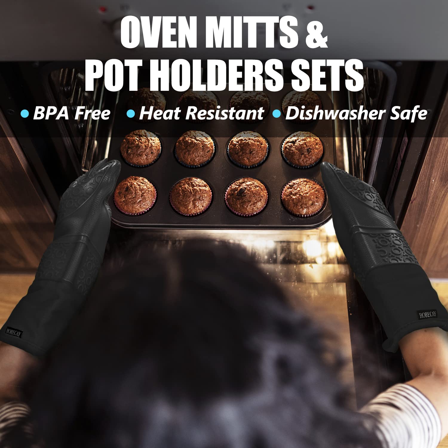 Rorecay 15-inch extra-long oven mitts provide forearm protection during cooking