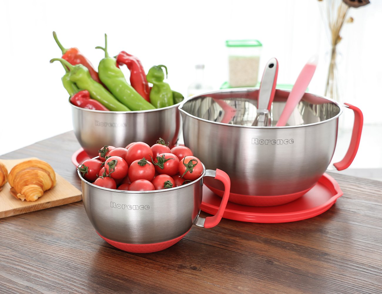 Rorence one-point-five-qt red bowl for quick mixing.