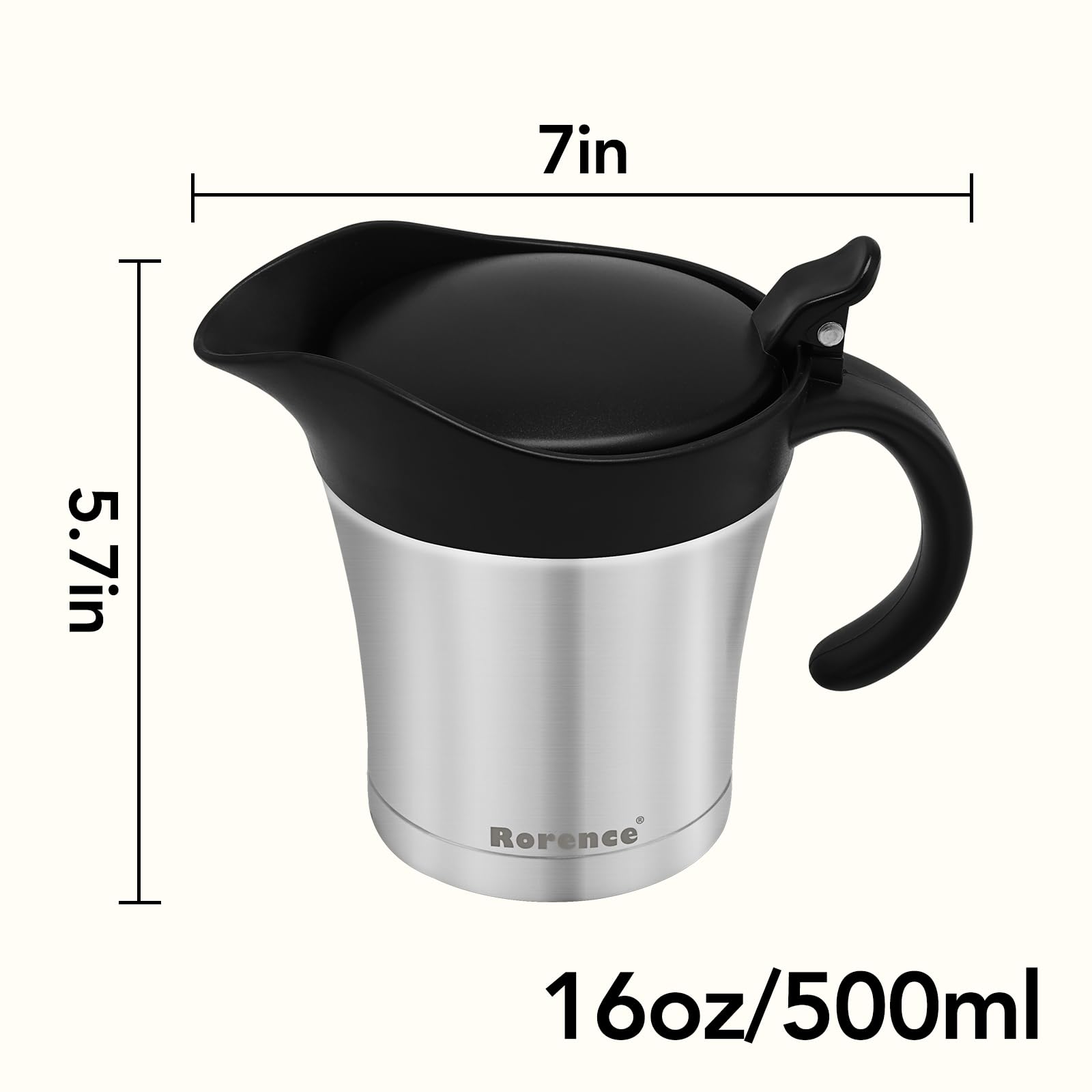 Rorence gravy boat lid hinged for easy refills during meals.