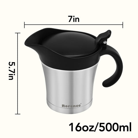 Rorence gravy boat lid hinged for easy refills during meals.
