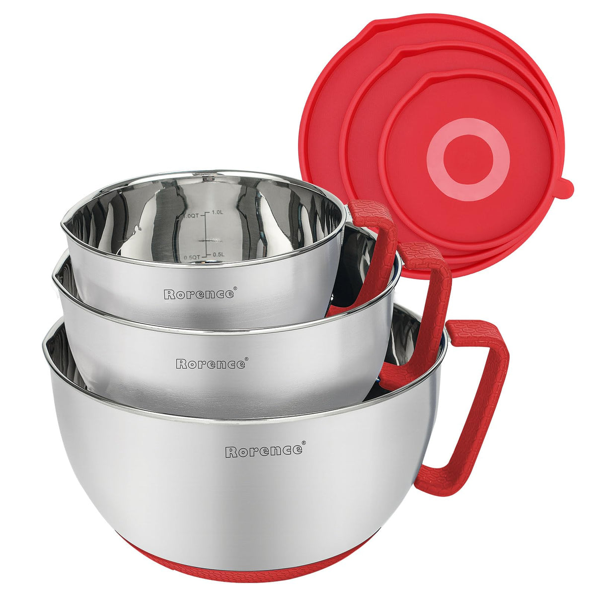 Rorence mixing bowls with red lids for secure storage and easy pouring.