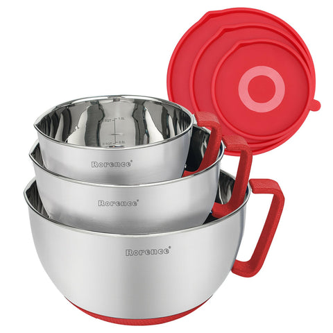 Rorence mixing bowls with red lids for secure storage and easy pouring.