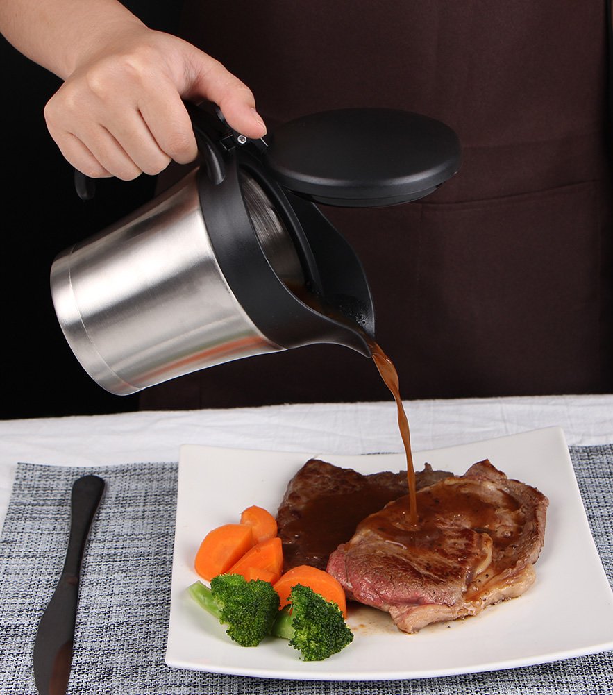 Rorence pouring action demonstrates smooth serving of sauces.