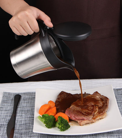 Rorence pouring action demonstrates smooth serving of sauces.