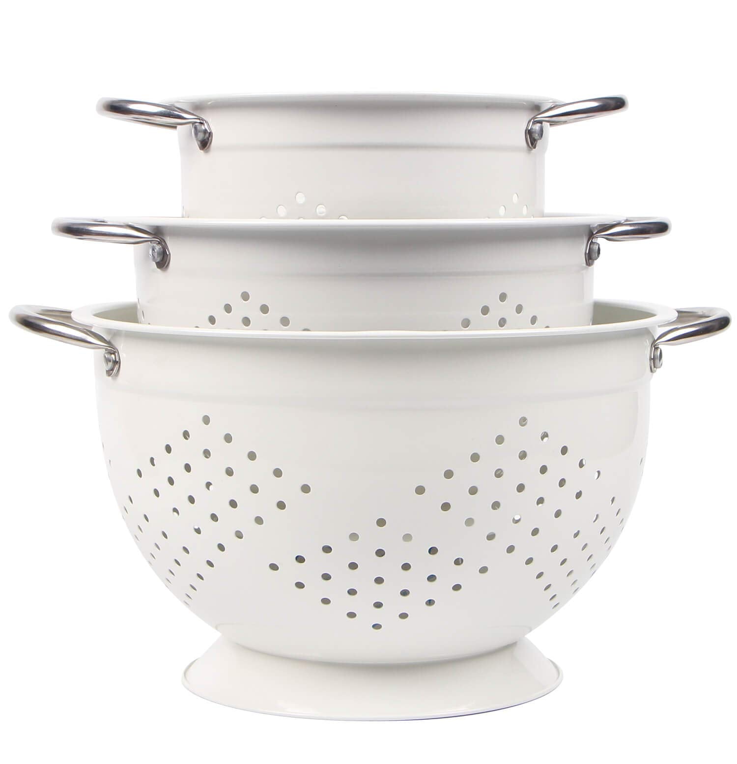 Rorence powder-coated steel colander close-up showing durable rust-resistant finish