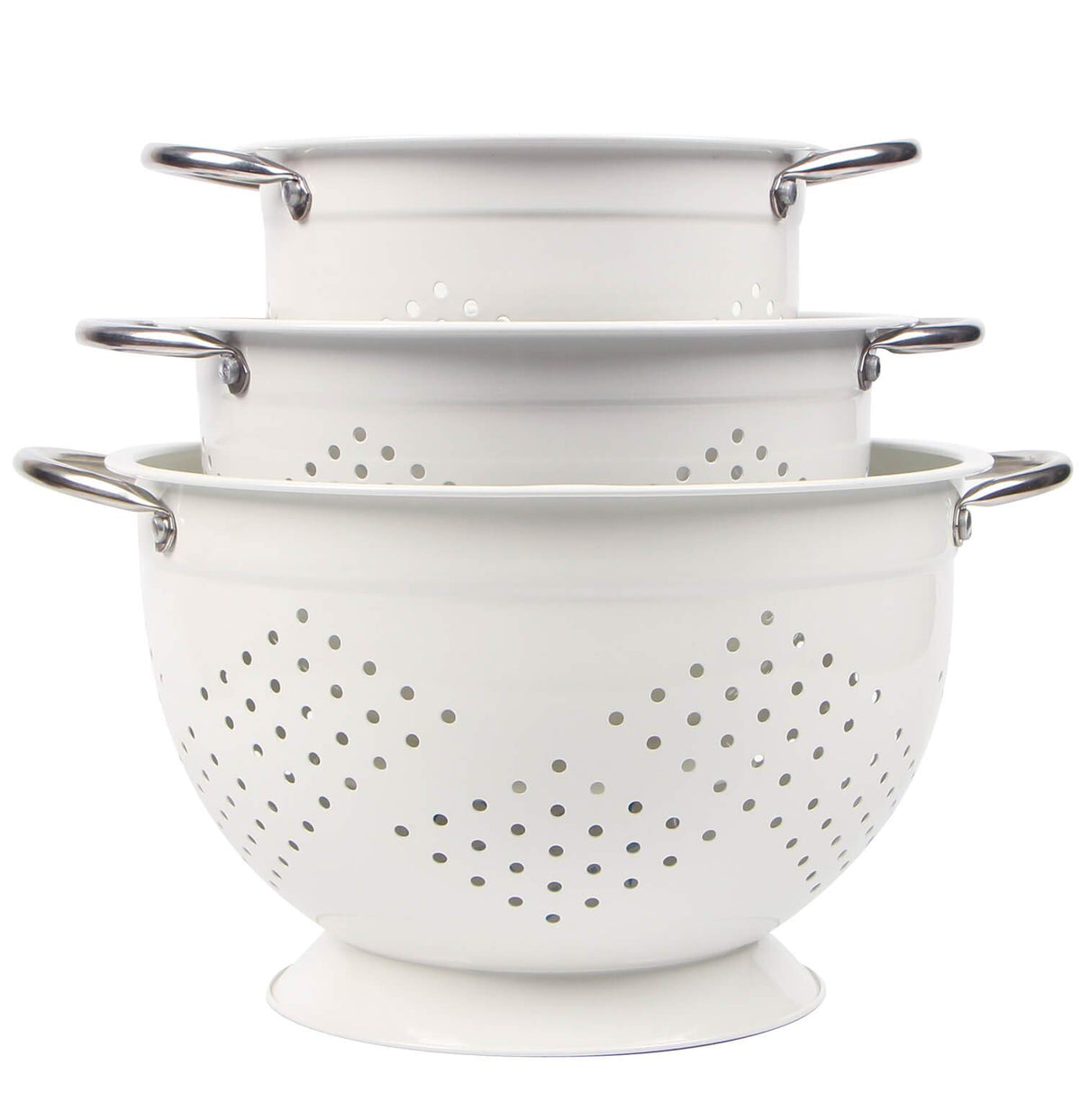 Rorence powder-coated steel colander close-up showing durable rust-resistant finish