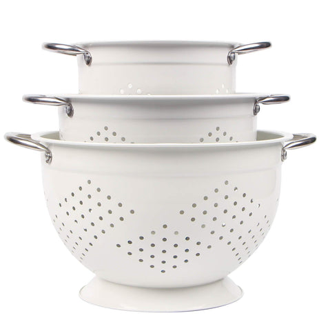 Rorence powder-coated steel colander close-up showing durable rust-resistant finish