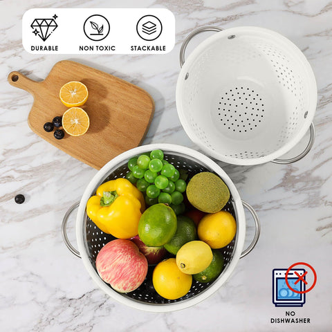 Rorence colander holes drain water quickly while keeping contents inside
