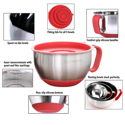 Rorence mixing bowls with silicone handles for a secure grip during mixing