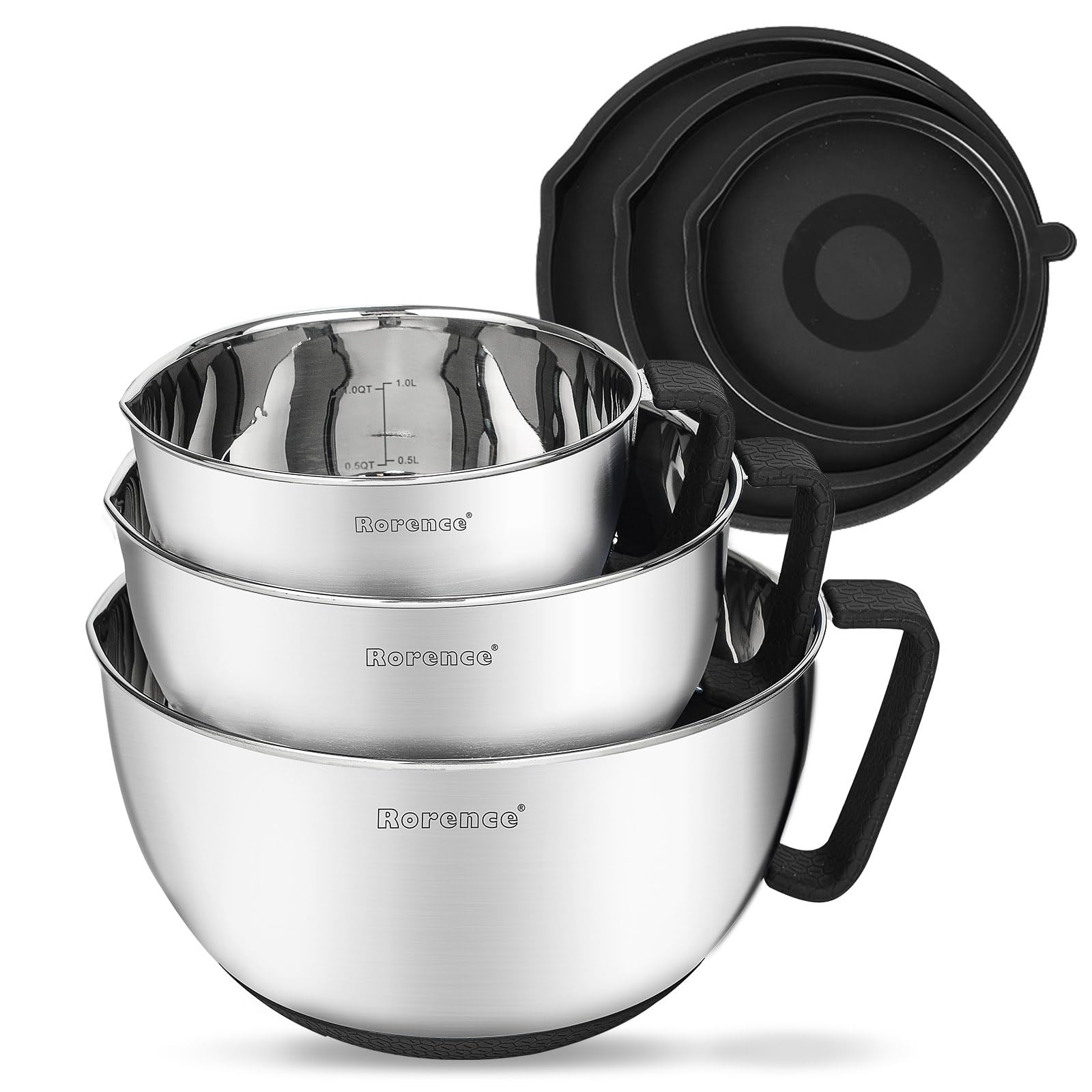 Rorence stainless steel mixing bowls front view shows durable construction for reliable prep.