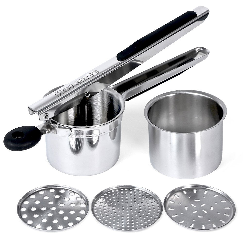 Rorence stainless-steel potato ricer for durable, smooth mashed potatoes.