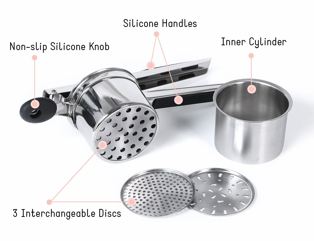 Rorence three-discs-set enabling fine, medium, and coarse ricing for versatile textures.