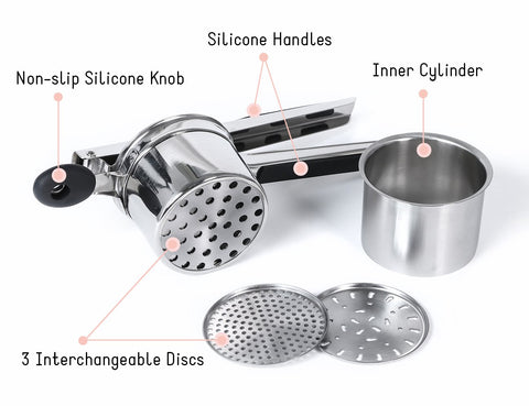 Rorence three-discs-set enabling fine, medium, and coarse ricing for versatile textures.