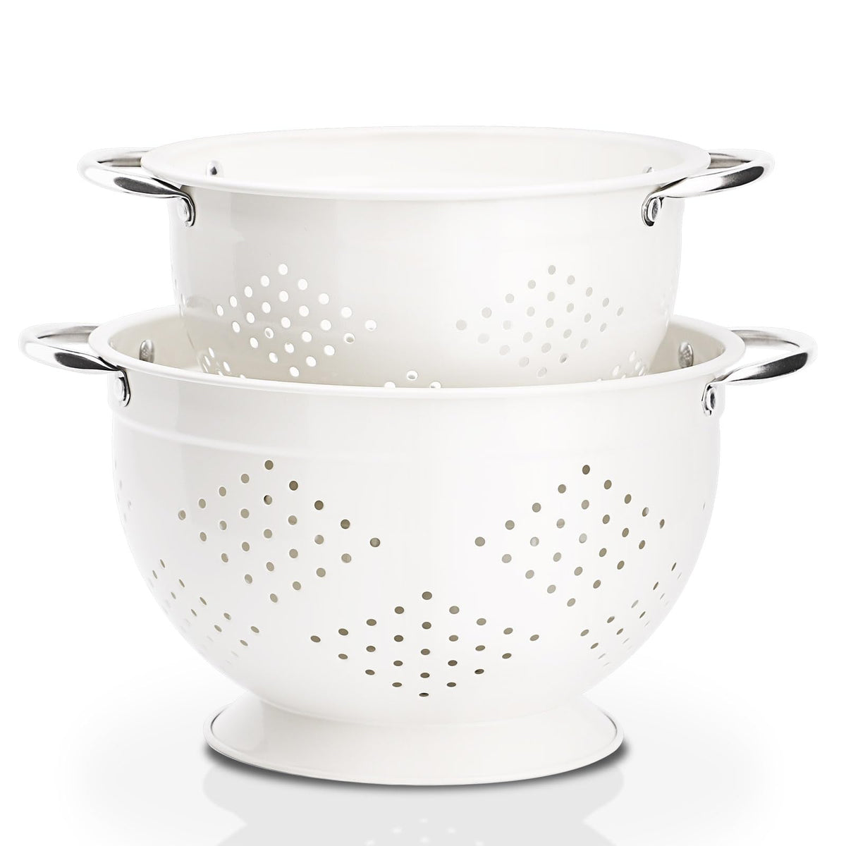 Rorence white powder-coated steel colanders in a durable 3qt and 5qt set for everyday use.