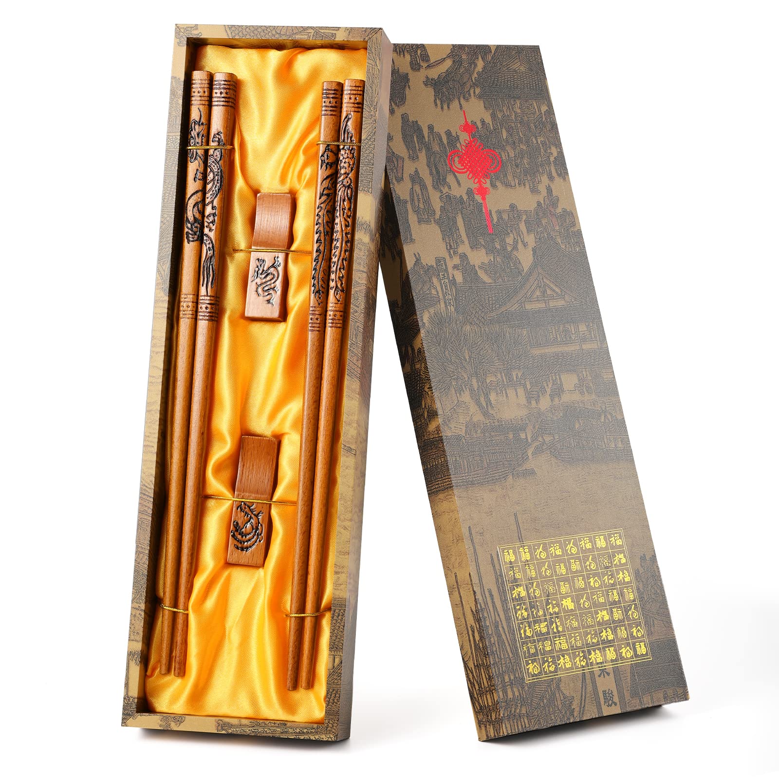 Rosgel dragon phoenix chopsticks set with beech wood and carvings for refined meals