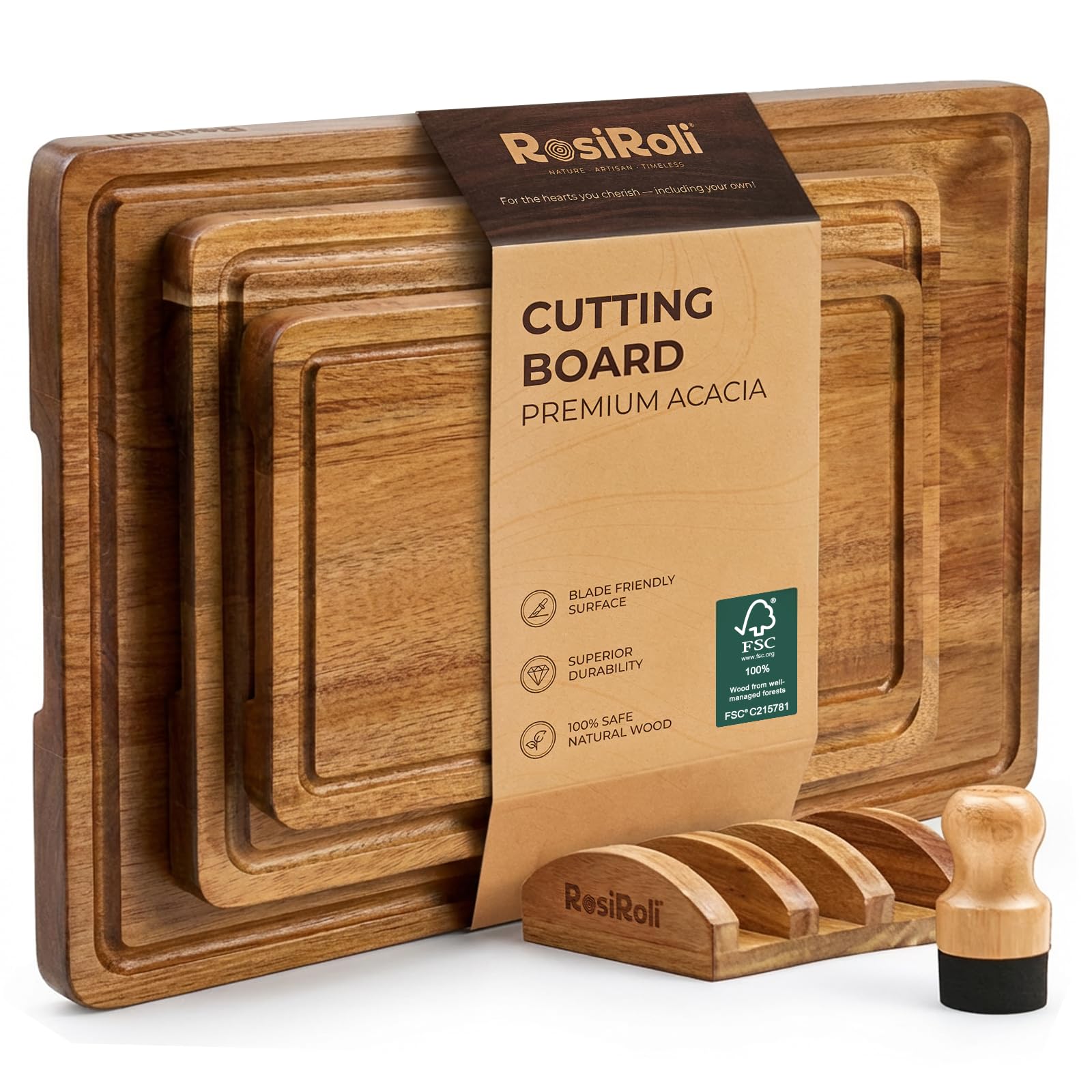 RosiRoli 3-piece acacia cutting boards set for versatile kitchen prep
