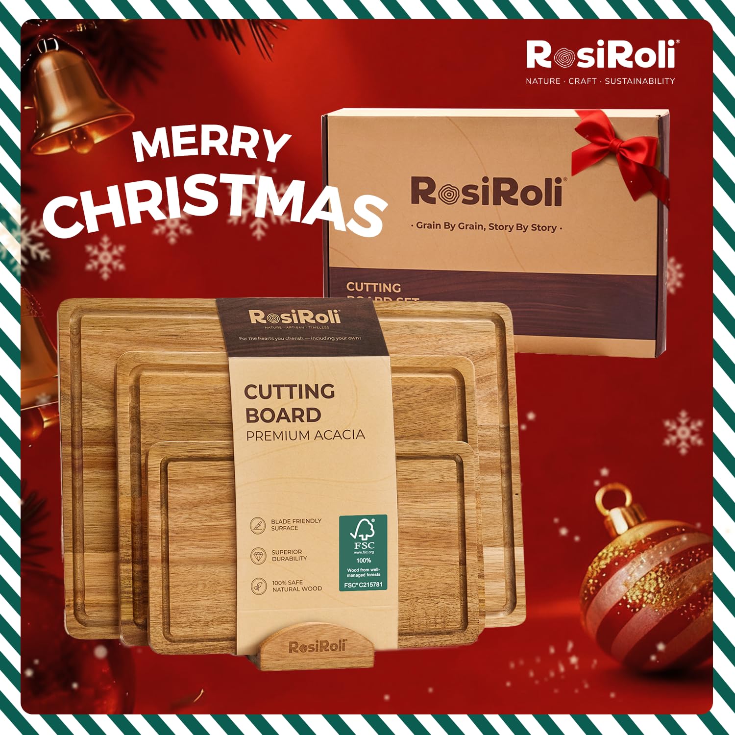 RosiRoli acacia board with juice grooves for cleaner countertop prep