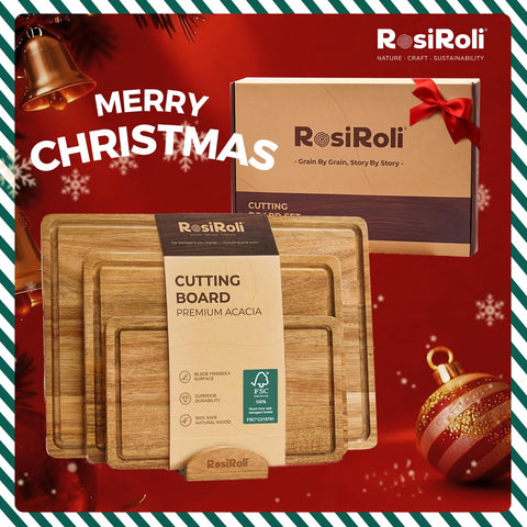 RosiRoli acacia board with juice grooves for cleaner countertop prep