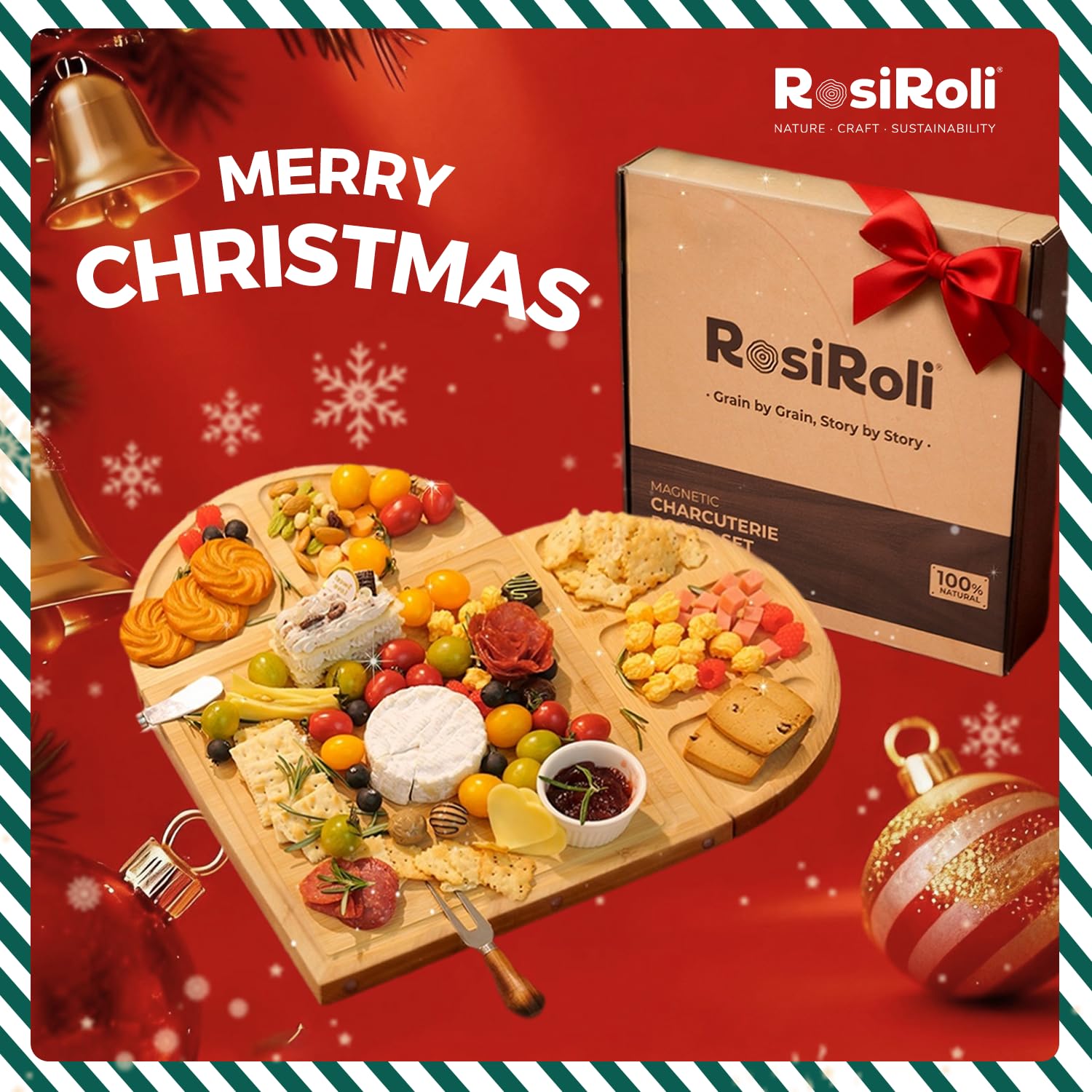 RosiRoli charcuterie round tray with raised rim prevents spills during service.