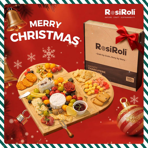 RosiRoli charcuterie round tray with raised rim prevents spills during service.