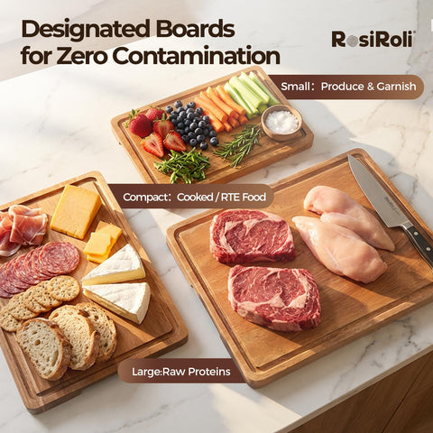 RosiRoli cutting board set with handles and stand for easy transport