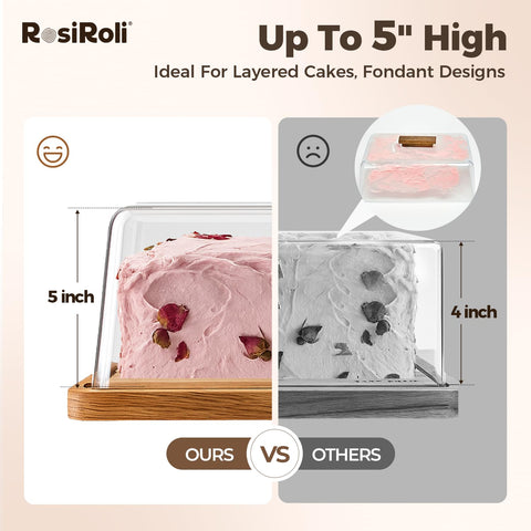 RosiRoli five-inch dome with wooden handle protects tall desserts while presenting them.