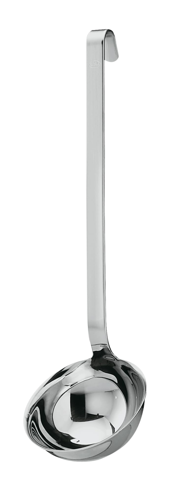 Rösle 10009 stainless steel ladle with pouring rim for drip-free serving.