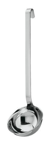 Rösle 10009 stainless steel ladle with pouring rim for drip-free serving.