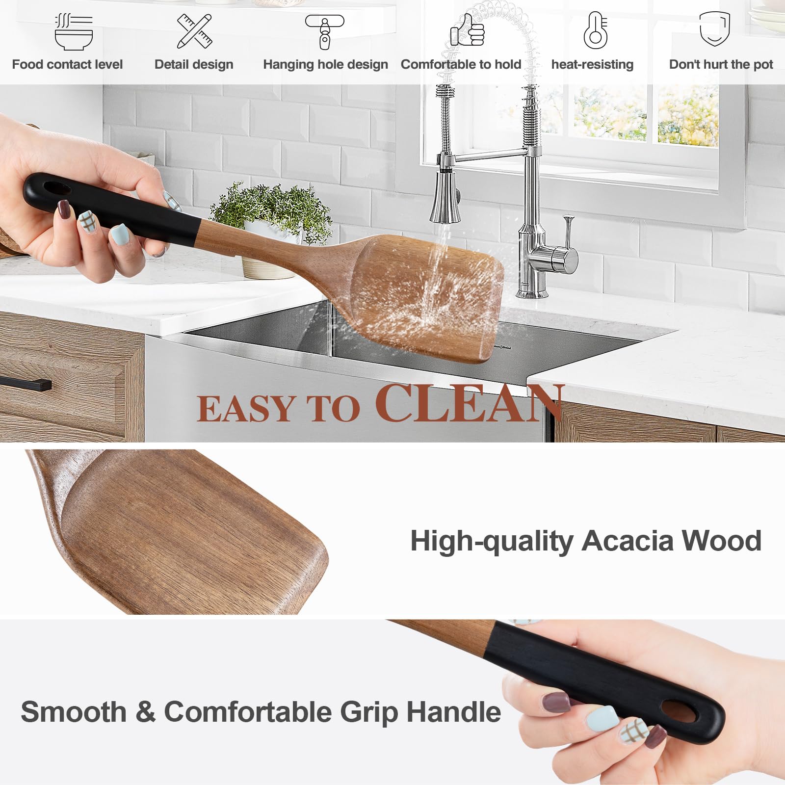 ROSOS acacia wooden spatula showcasing smooth finish and heat resistance