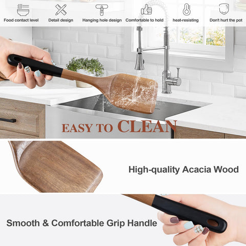 ROSOS acacia wooden spatula showcasing smooth finish and heat resistance