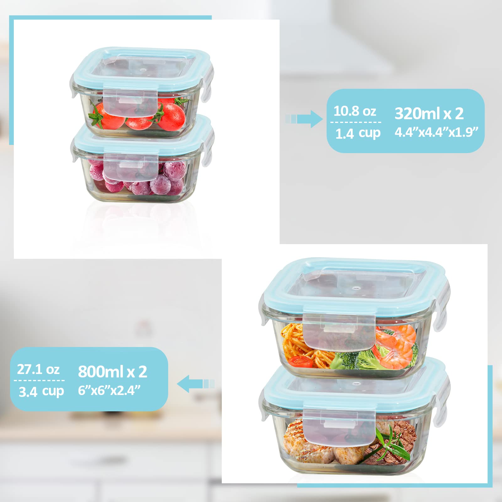 ROSOS 800ml square glass storage container with lid for leftovers