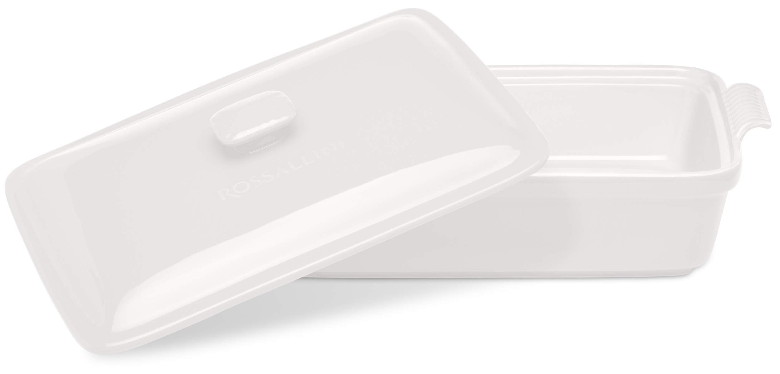 ROSSALLINI signature stoneware with white bianco finish displays artisan texture and durable bakeware.