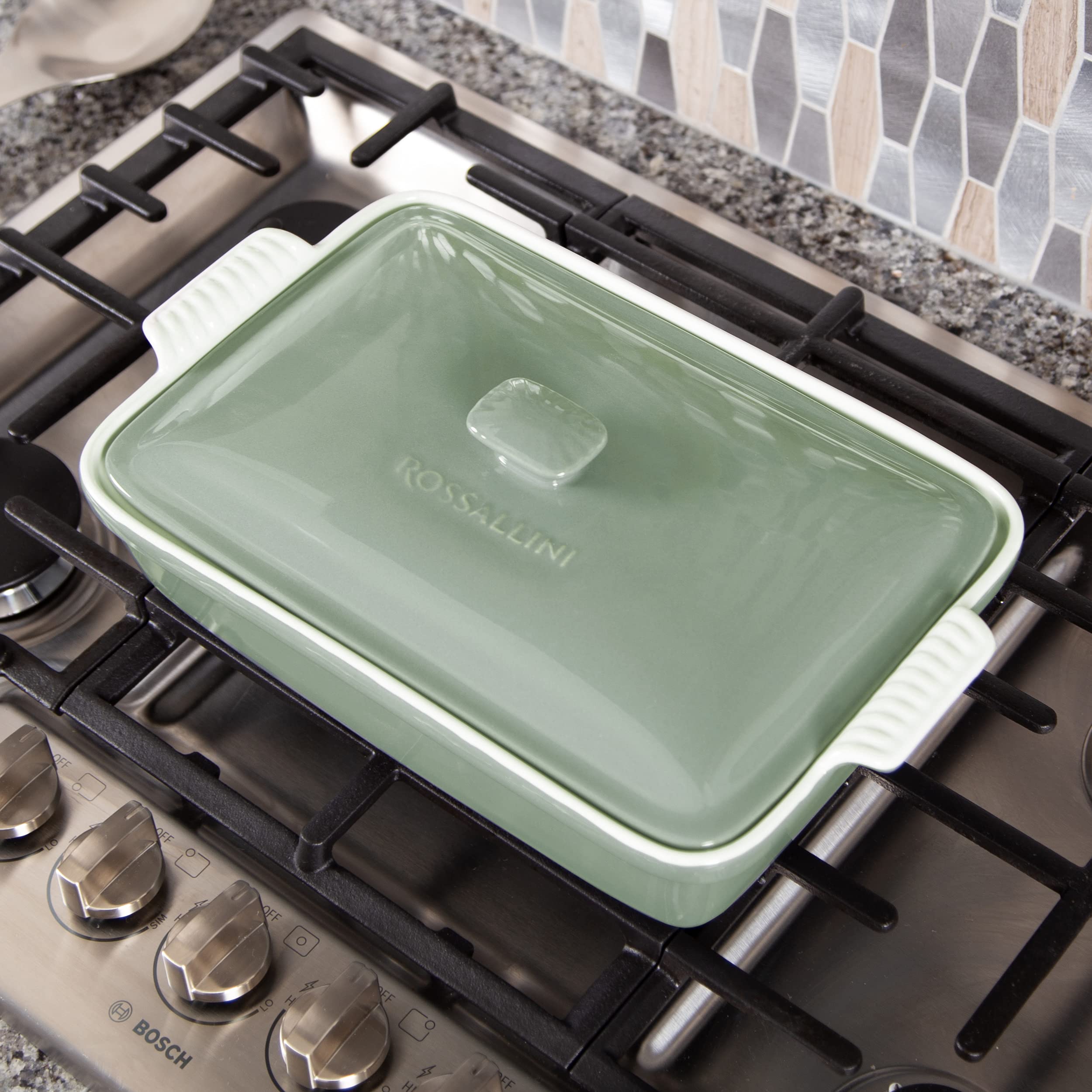 ROSSALLINI casserole dish with lid open showing large 4.23-quart capacity