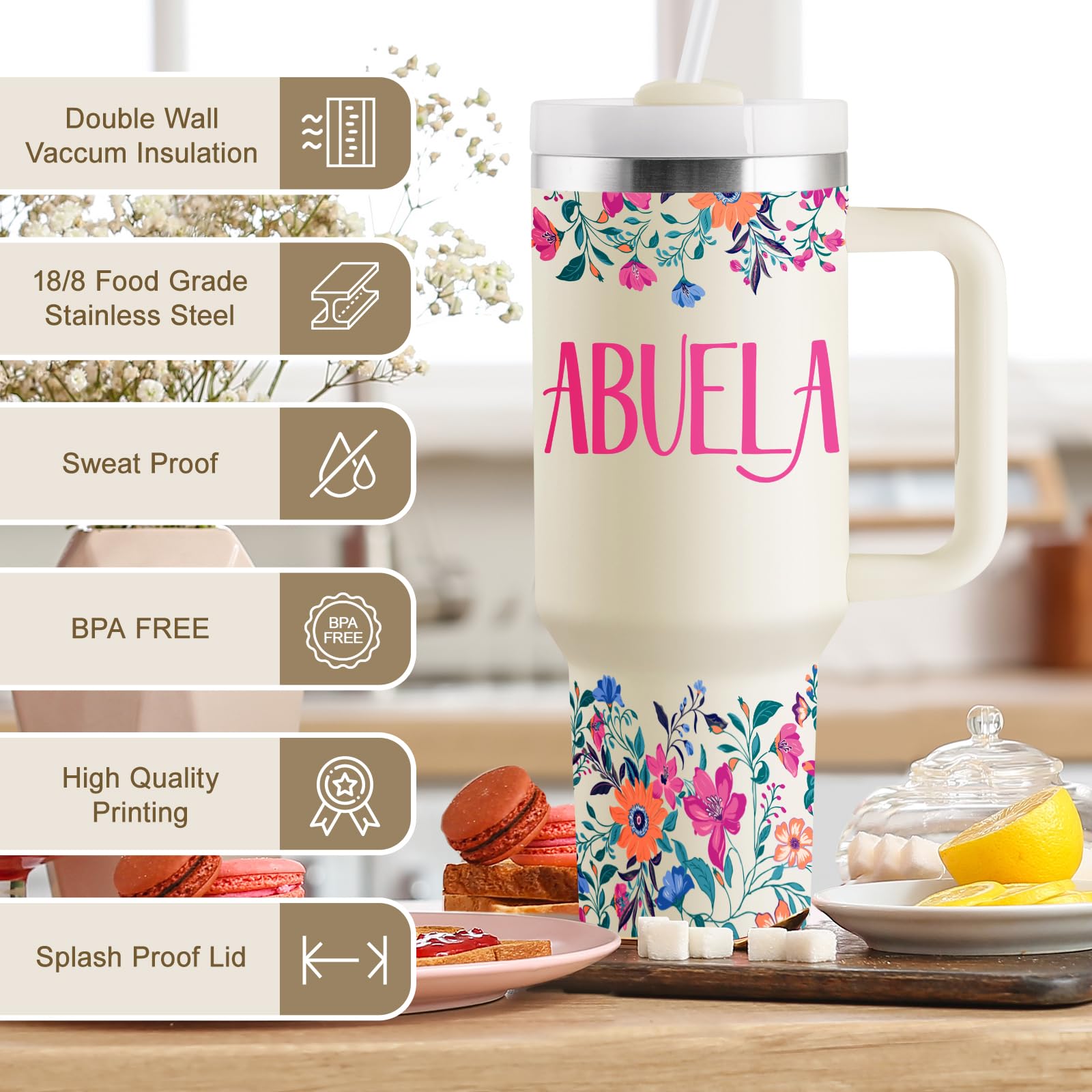 ROSTANTEN tumbler features ergonomic handle for easy carrying during errands and outings.