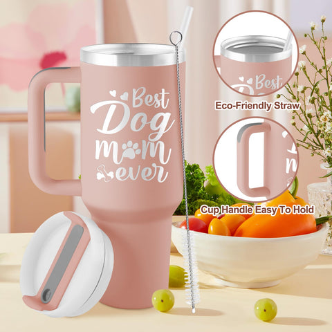 ROSTANTEN dog mom gift tumbler keeps beverages hot or cold.