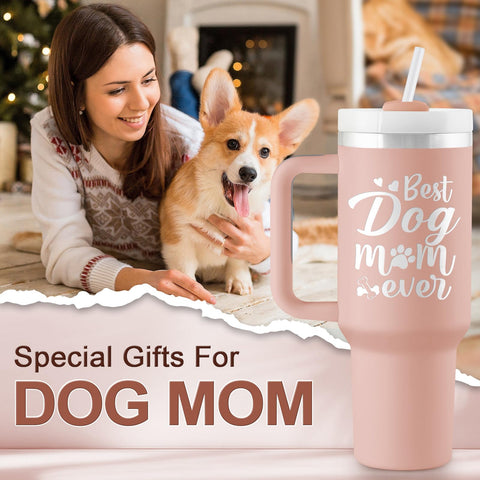 ROSTANTEN engraved dog mom tumbler with straw for on-the-go hydration.