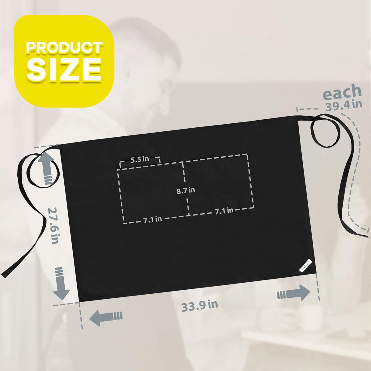 ROTANET long server apron, back view, water-repellent fabric protects clothing during shifts.