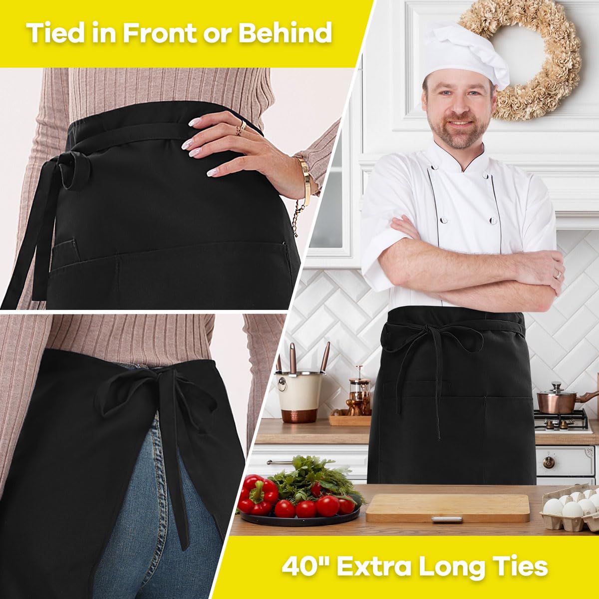 ROTANET long server apron features adjustable ties for a secure fit.