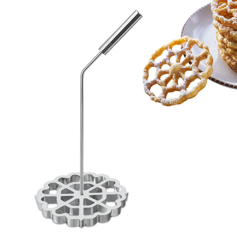 Rotel bunuelos mold with handle and rose design for even frying.