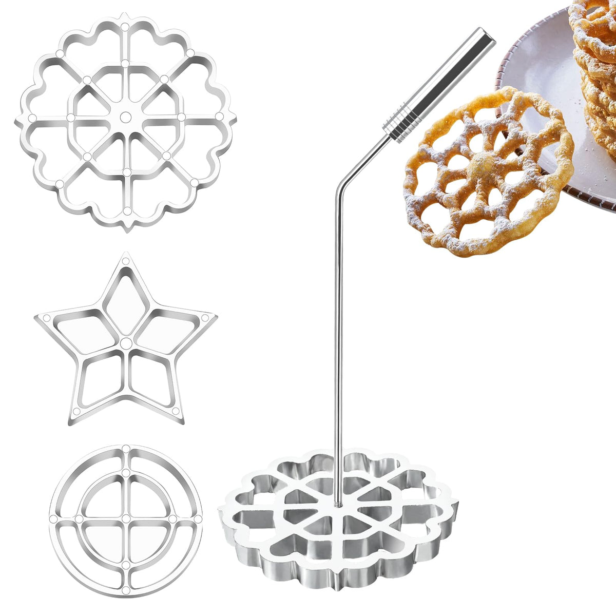 Rotel bunuelos mold with handle demonstrates versatile rosette shapes for authentic fried cookies.