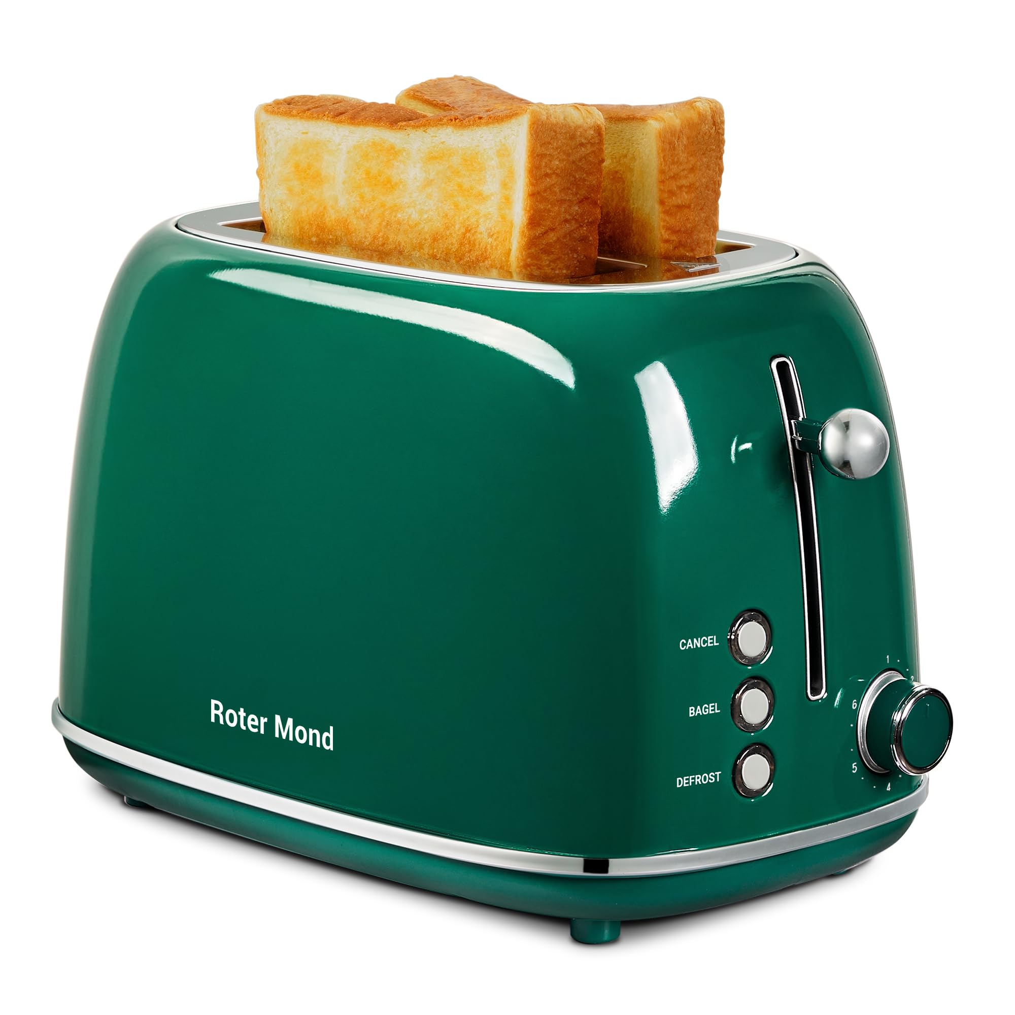 Roter Mond 2-slice toaster green front view showing retro design and compact size
