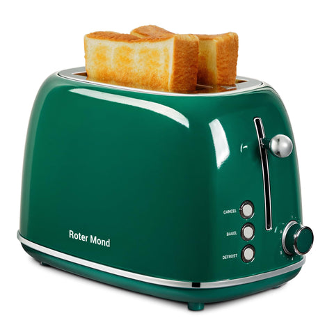 Roter Mond 2-slice toaster green front view showing retro design and compact size