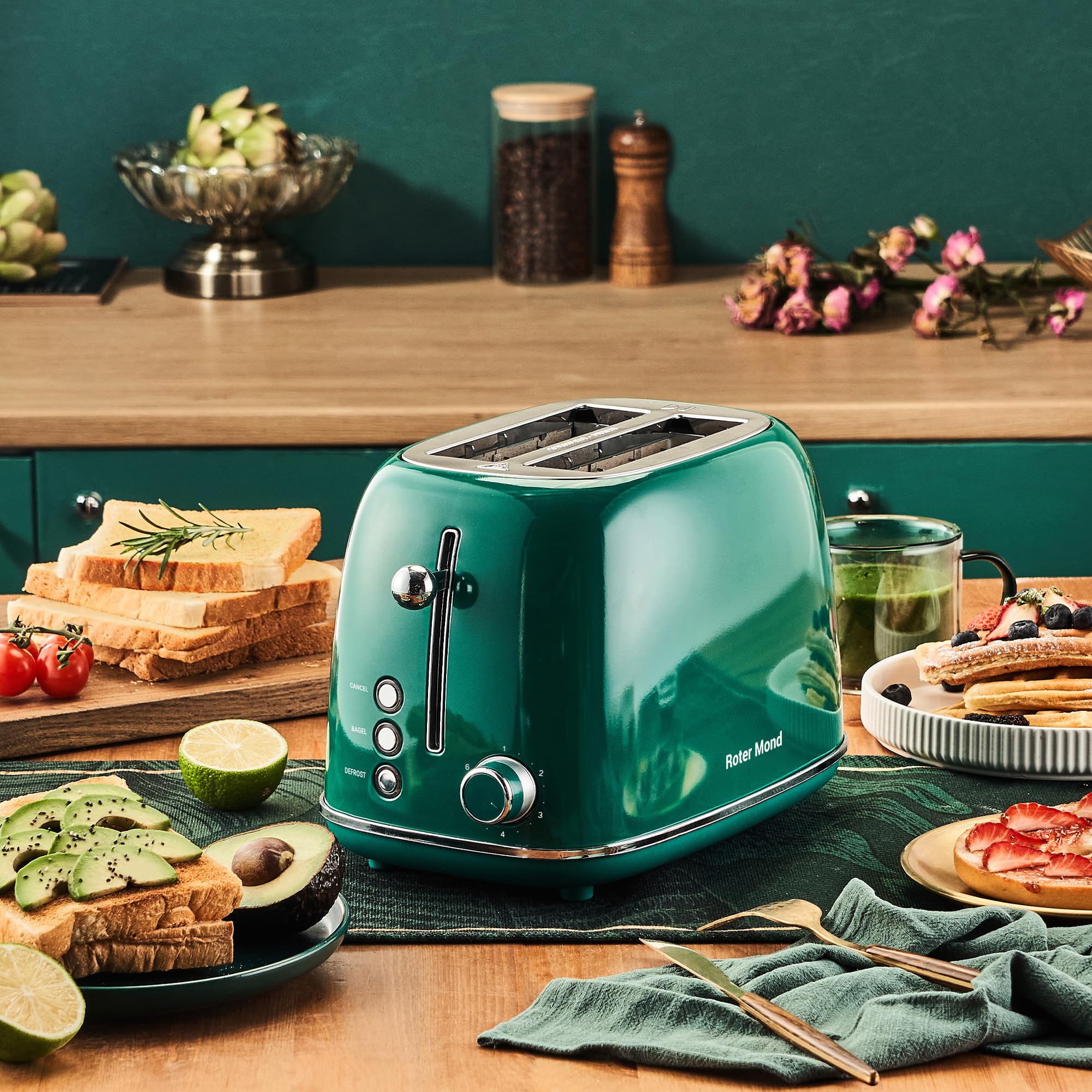 Roter Mond toaster green side view fits modern kitchens and counters