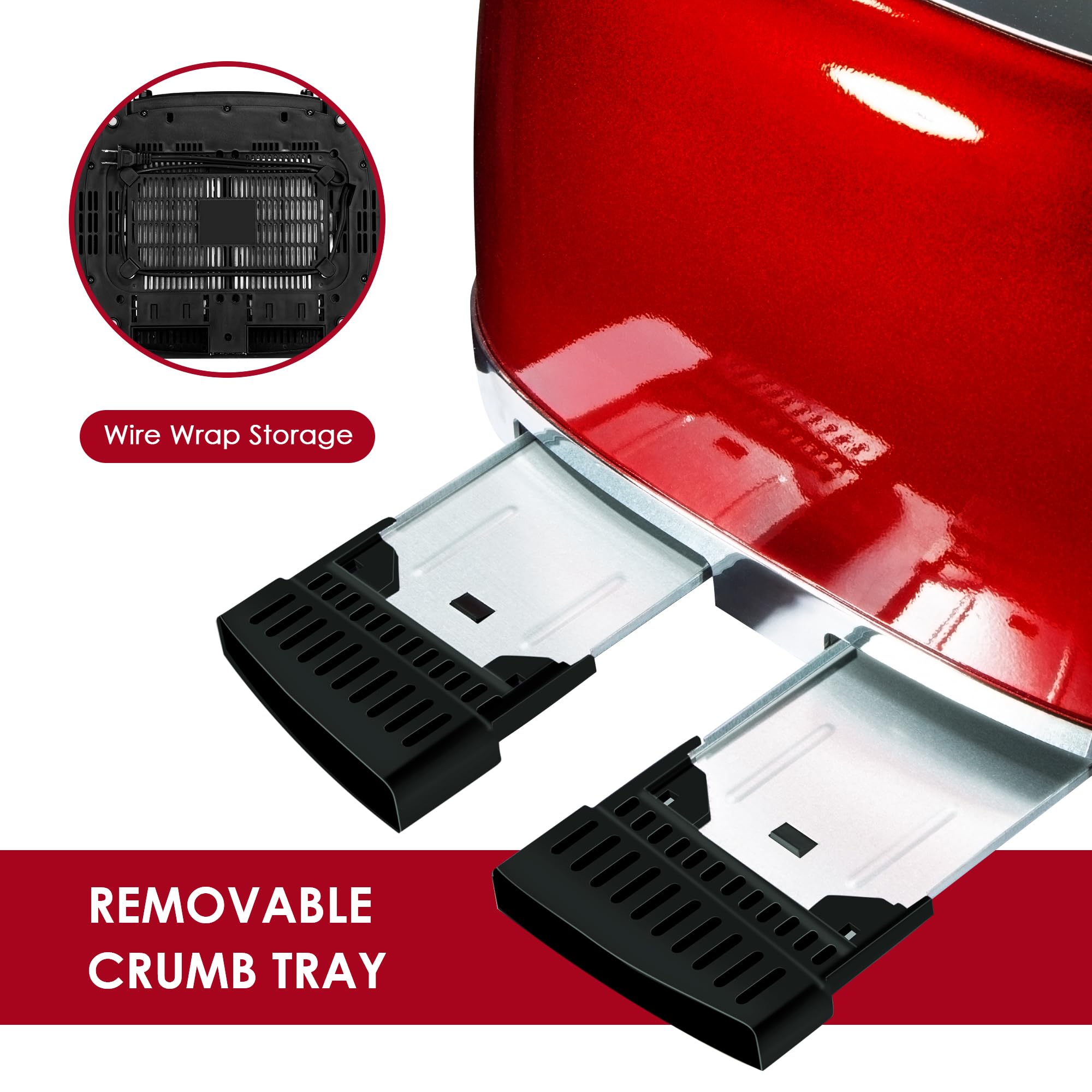 Roter Mond 4 Slice Toaster showing removable crumb tray for easy cleaning.