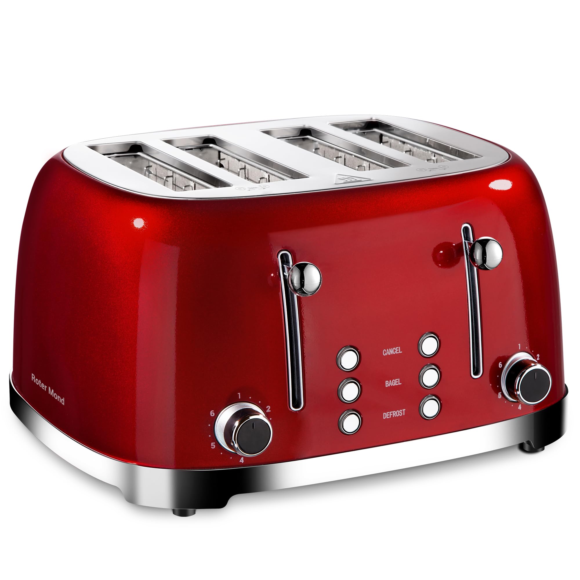 Roter Mond 4 Slice Toaster in red stainless steel, compact front view for modern kitchens.