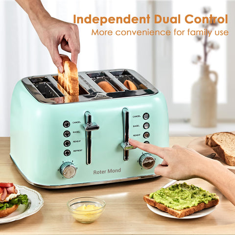 Roter Mond 4-slice aqua green slots are extra-wide for bagels and thick breads.